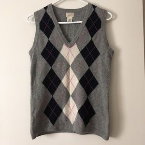 LL BEAN 100% Cashmere Grey Argyle Vest S